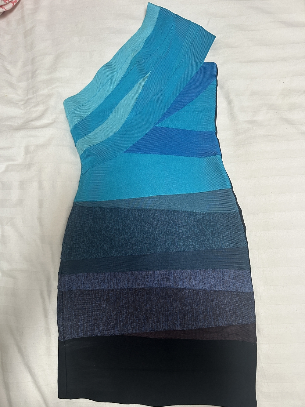 Herve Leger Teal to Navy One-Shoulder Bandage Dress